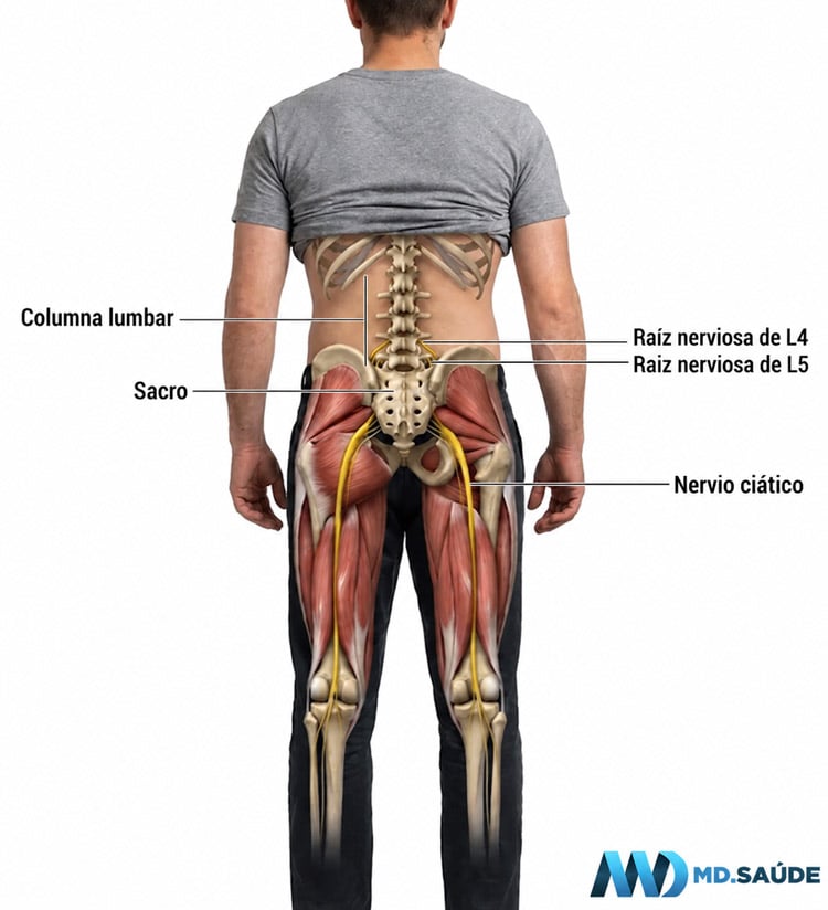Vista posterior del cuerpo humano que muestra la columna lumbar, el sacro, las raíces nerviosas L4 y L5 y el recorrido de los nervios ciáticos por los glúteos y la parte posterior de las piernas.