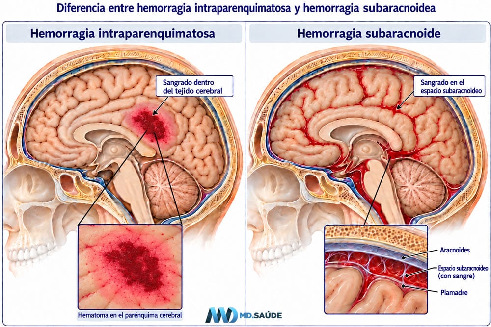 Ilustración que compara la hemorragia intraparenquimatosa y la hemorragia subaracnoidea en un corte sagital del cerebro. A la izquierda, el sangrado está localizado dentro del tejido cerebral; a la derecha, la sangre ocupa el espacio subaracnoideo entre la aracnoides y la piamadre, siguiendo las cisternas, fisuras y surcos.