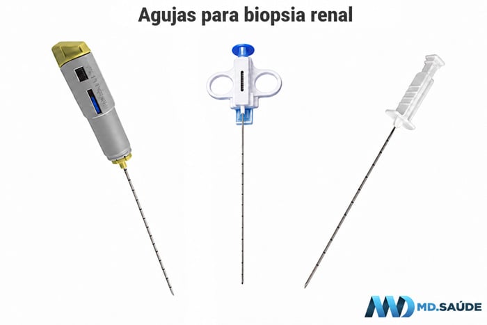 Tres tipos de agujas utilizadas para la biopsia renal, incluidos modelos manual, semiautomático y automático.