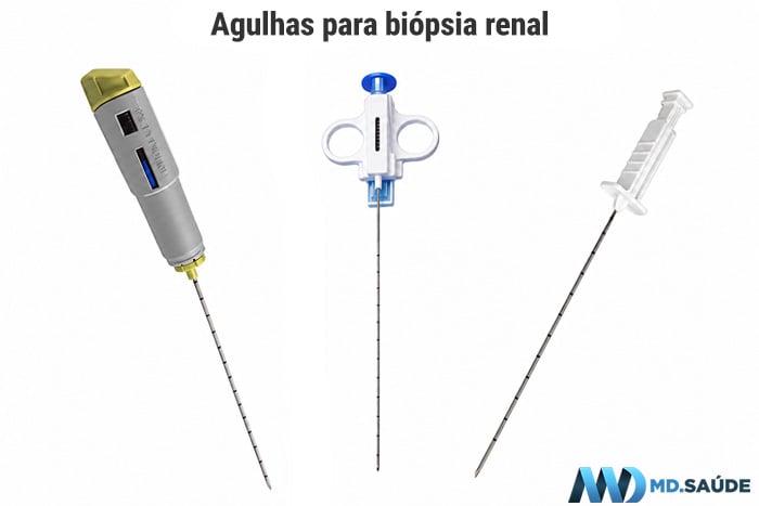 Três tipos de agulhas utilizadas para biópsia renal, incluindo modelos manual, semiautomático e automático.