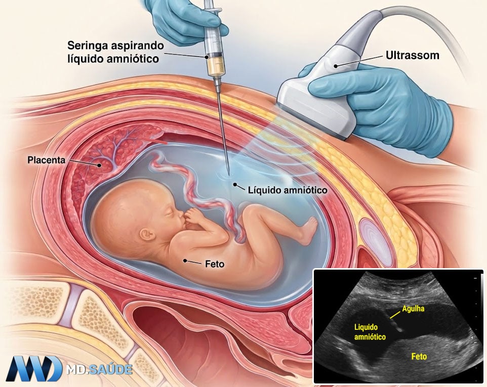 Ilustração da amniocentese guiada por ultrassom, mostrando a agulha atravessando o abdômen até o líquido amniótico, com o feto e a placenta no útero.