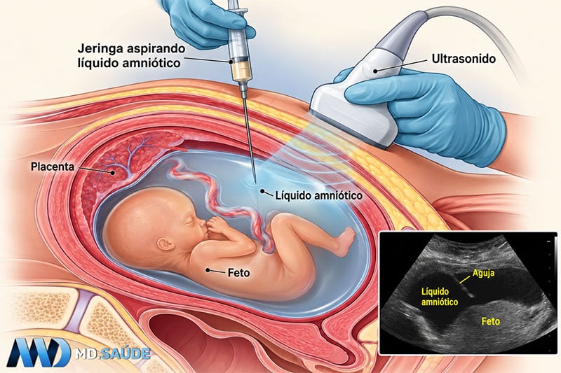 Ilustración de una amniocentesis guiada por ecografía, que muestra la aguja atravesando el abdomen hasta llegar al líquido amniótico, con el feto y la placenta dentro del útero.