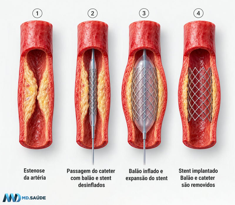 Infográfico em quatro etapas mostrando o funcionamento do stent em uma artéria com aterosclerose: artéria estreitada pela placa, passagem do cateter com balão e stent desinflados, expansão do stent com insuflação do balão e artéria aberta após a retirada do balão e do cateter.
