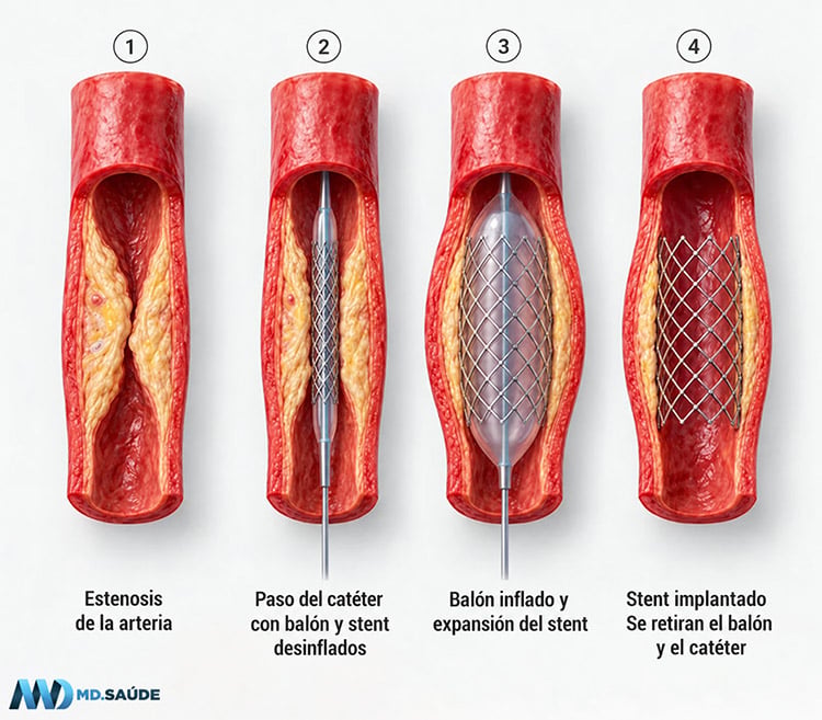 Infografía de cuatro etapas que muestra cómo funciona un stent en una arteria con aterosclerosis: arteria estrechada por una placa, paso del catéter con el balón y el stent desinflados, expansión del stent al inflar el balón y arteria abierta después de retirar el balón y el catéter.