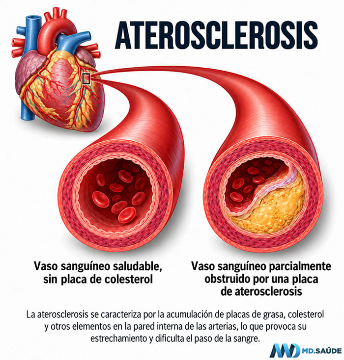 Ilustración sobre la aterosclerosis que muestra el corazón y dos arterias coronarias en corte transversal: a la izquierda, un vaso sano con una luz amplia y flujo sanguíneo conservado; a la derecha, un vaso parcialmente obstruido por una placa de aterosclerosis excéntrica, formada por grasa y colesterol en la pared interna, que provoca un estrechamiento de la luz arterial.