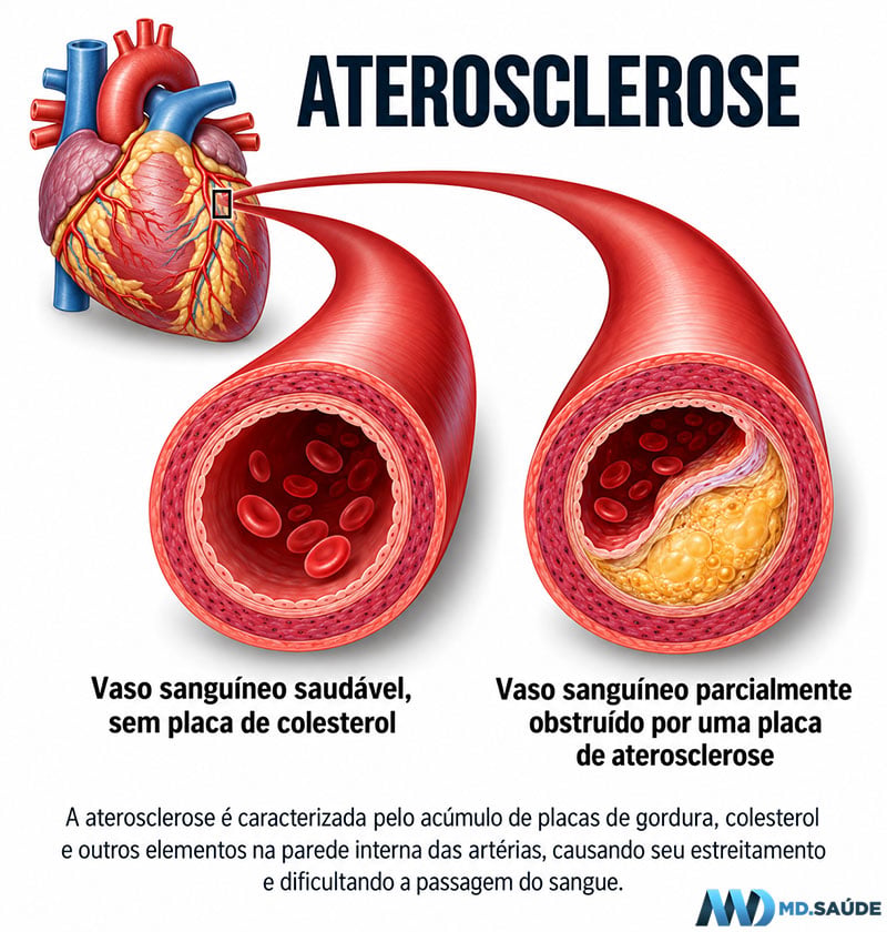 Ilustração sobre aterosclerose mostrando o coração e duas artérias coronárias em corte transversal: à esquerda, um vaso saudável com luz ampla e fluxo sanguíneo preservado; à direita, um vaso parcialmente obstruído por uma placa de aterosclerose excêntrica, formada por gordura e colesterol na parede interna, causando estreitamento da luz.