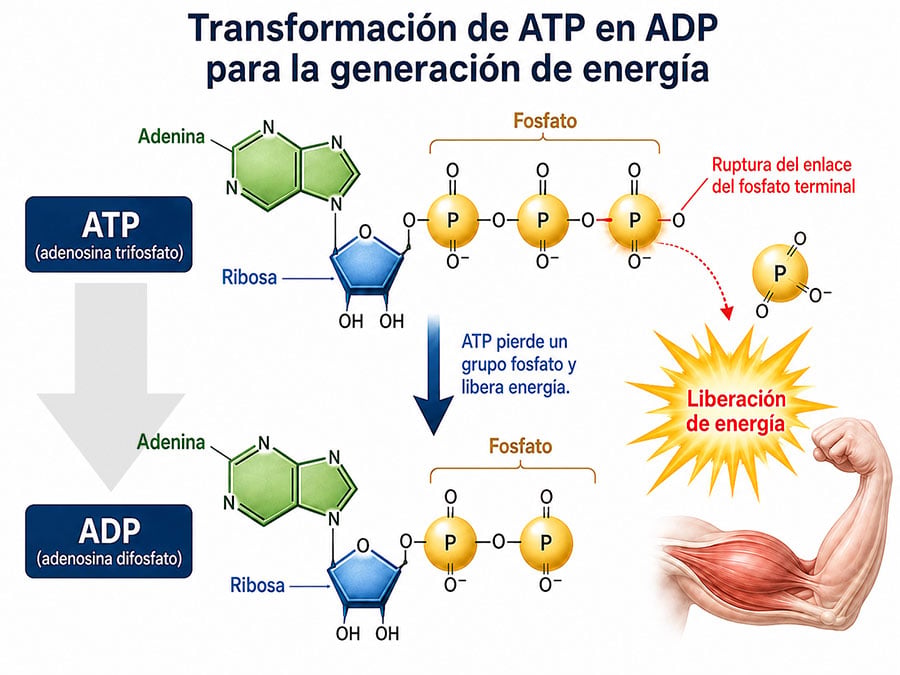 Transformación de ATP en ADP para la generación de energía.