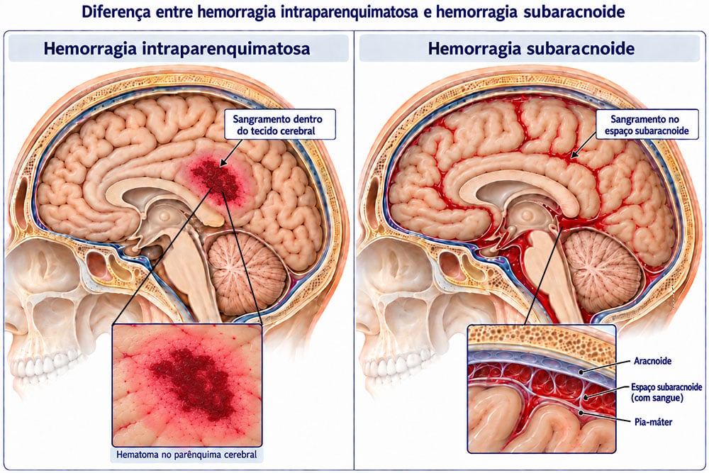 Ilustração comparando hemorragia intraparenquimatosa e hemorragia subaracnoide em corte sagital do cérebro. À esquerda, o sangramento está localizado dentro do tecido cerebral; à direita, o sangue ocupa o espaço subaracnoide entre a aracnoide e a pia-máter, acompanhando cisternas, fissuras e sulcos.