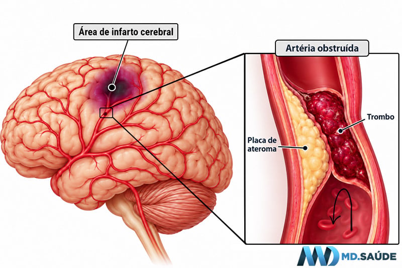 Ilustração de AVC isquêmico mostrando área de infarto no cérebro e ampliação de uma artéria cerebral obstruída por placa de ateroma e trombo.