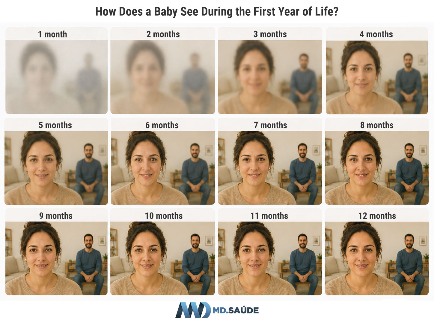 During the first few months, babies see best at close range. Visual sharpness, distance vision, and binocular vision improve rapidly throughout the first year, while color perception develops mainly during the first few months.