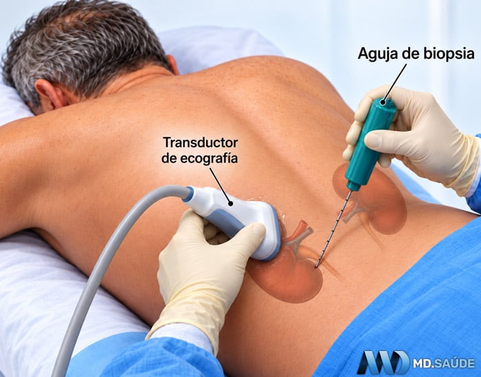 Ilustración de una biopsia renal guiada por ecografía, con el paciente en decúbito prono, el transductor sobre la región lumbar y la aguja dirigida hacia la corteza renal.