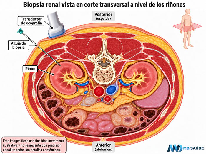 Ilustración en corte transversal del abdomen que muestra una biopsia renal percutánea guiada por ecografía, con la aguja entrando por la región posterior hasta la periferia del riñón.