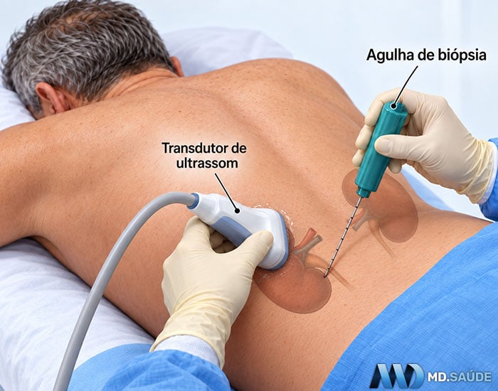 Ilustração de biópsia renal guiada por ultrassom, com paciente em decúbito ventral, transdutor sobre a região lombar e agulha direcionada ao córtex do rim.