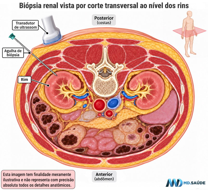 Ilustração em corte transversal do abdome mostrando a biópsia renal percutânea guiada por ultrassom, com a agulha entrando pela região posterior até a periferia do rim.