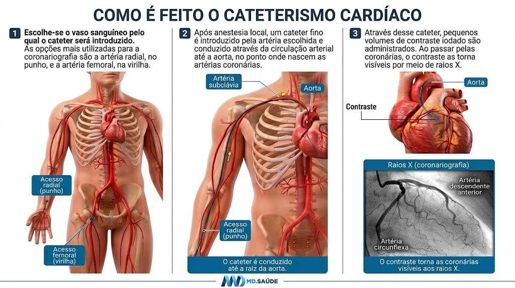 Infográfico com as três etapas do cateterismo cardíaco: escolha do acesso pela artéria radial ou femoral, passagem do cateter até a raiz da aorta e injeção de contraste iodado para visualizar as artérias coronárias por raios X.