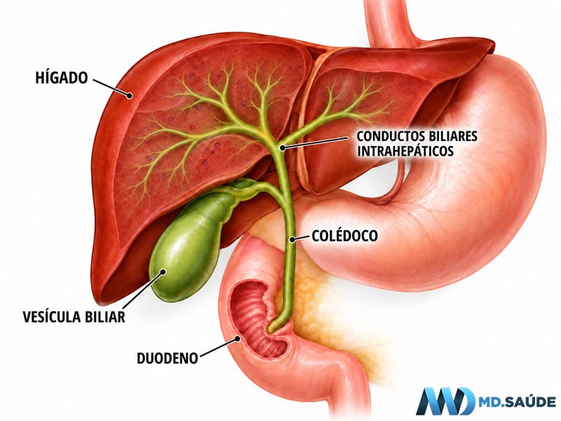 Anatomía del sistema biliar, con los conductos biliares intrahepáticos, la vesícula biliar y el colédoco, que conduce la bilis hasta el duodeno.