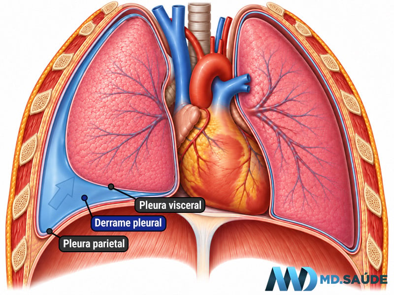 Ilustração do tórax mostrando derrame pleural com acúmulo de líquido entre as pleuras parietal e visceral e compressão do pulmão.