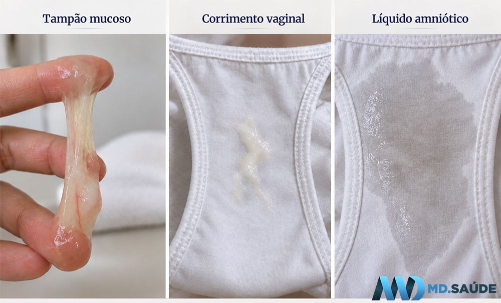 Comparação entre tampão mucoso, corrimento vaginal e líquido amniótico durante a gravidez.