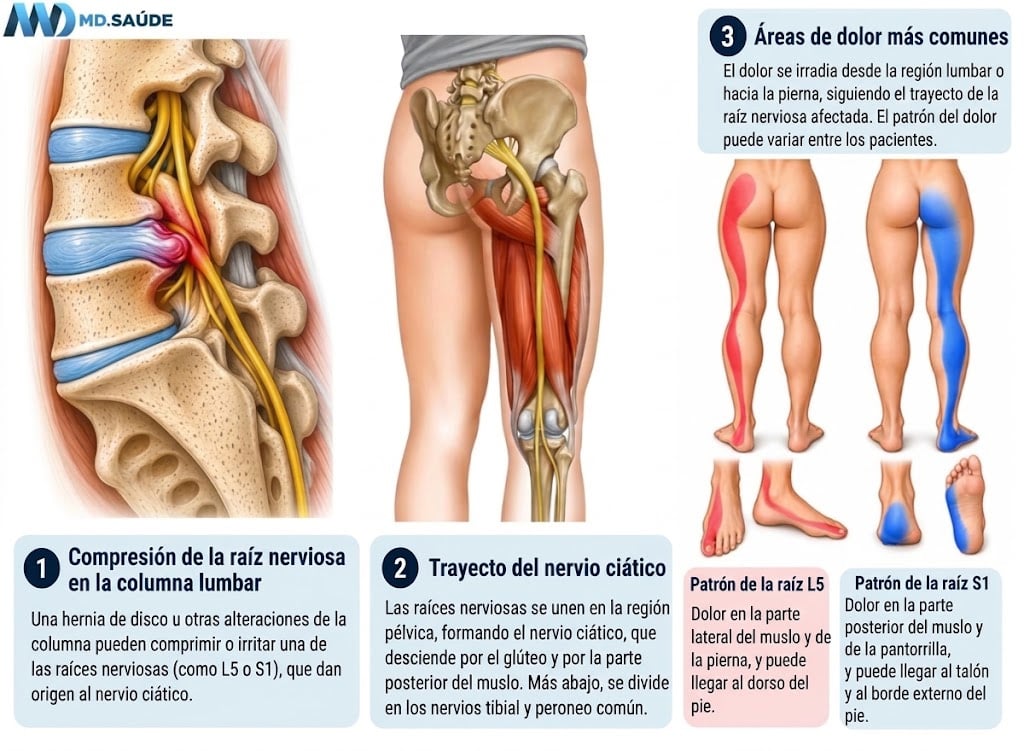 Infografía médica en tres etapas que explica el origen del dolor ciático: (1) compresión de una raíz nerviosa en la columna lumbar por una hernia de disco; (2) anatomía y recorrido del nervio ciático por el glúteo y el muslo hasta su división en los nervios tibial y fibular común; y (3) mapa comparativo de las zonas de dolor irradiado en la pierna y el pie según los patrones de las raíces L5 y S1.