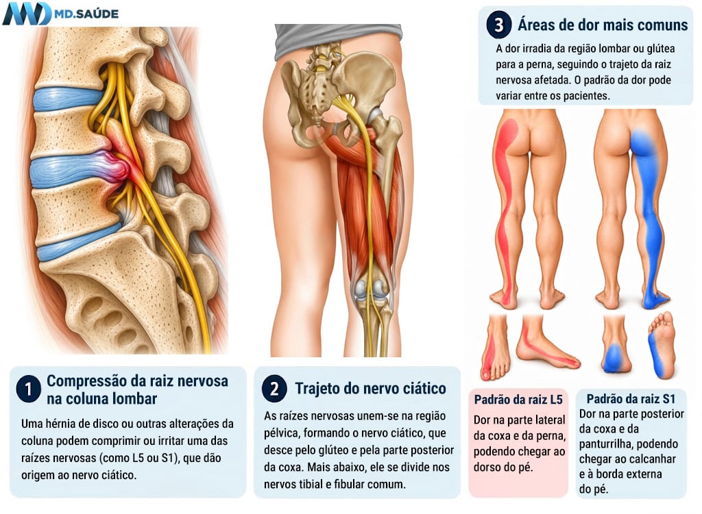 Infográfico médico em três etapas explicando a origem da dor ciática: (1) compressão da raiz nervosa na coluna lombar por hérnia de disco; (2) anatomia e trajeto do nervo ciático pelo glúteo e coxa até se dividir nos nervos tibial e fibular comum; e (3) mapa comparativo das áreas de dor irradiada na perna e no pé nos padrões das raízes L5 e S1.