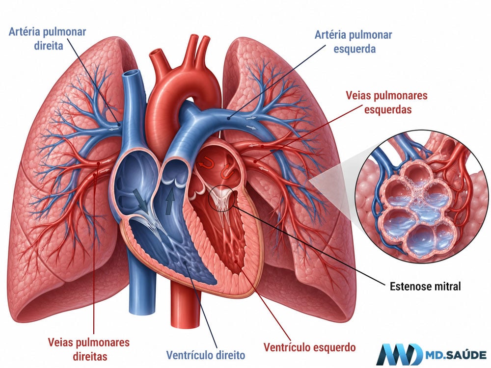 Estenose mitral dificultando o retorno do sangue das veias  pulmonares para o coração