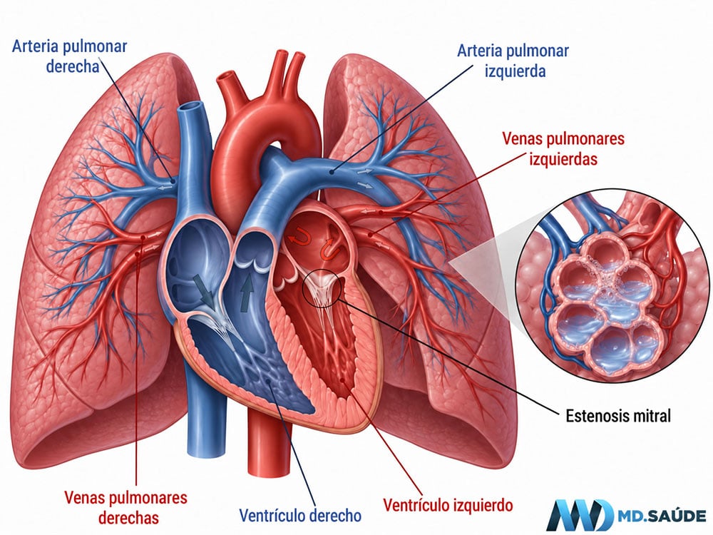 Estenosis mitral que dificulta el retorno de la sangre desde las venas pulmonares hacia el corazón