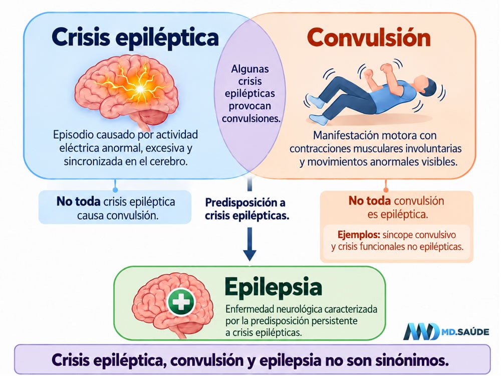 Infografía que compara crisis epiléptica, convulsión y epilepsia, mostrando que no toda crisis epiléptica causa convulsiones y que no toda convulsión es epiléptica.