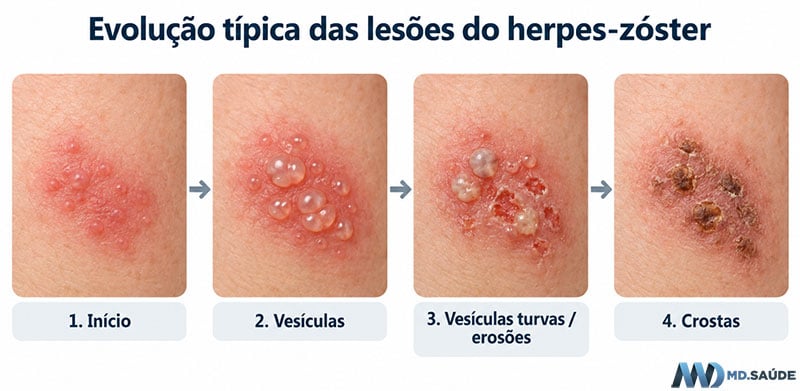 Evolução das lesões do herpes-zóster