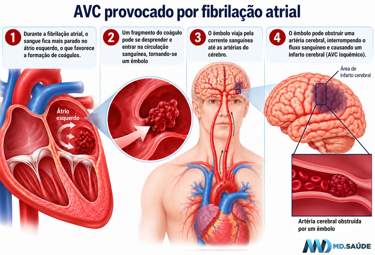 Infográfico mostrando como a fibrilação atrial pode causar AVC isquêmico: formação de coágulo no átrio esquerdo, desprendimento do êmbolo, deslocamento pela circulação até o cérebro e obstrução de uma artéria cerebral.