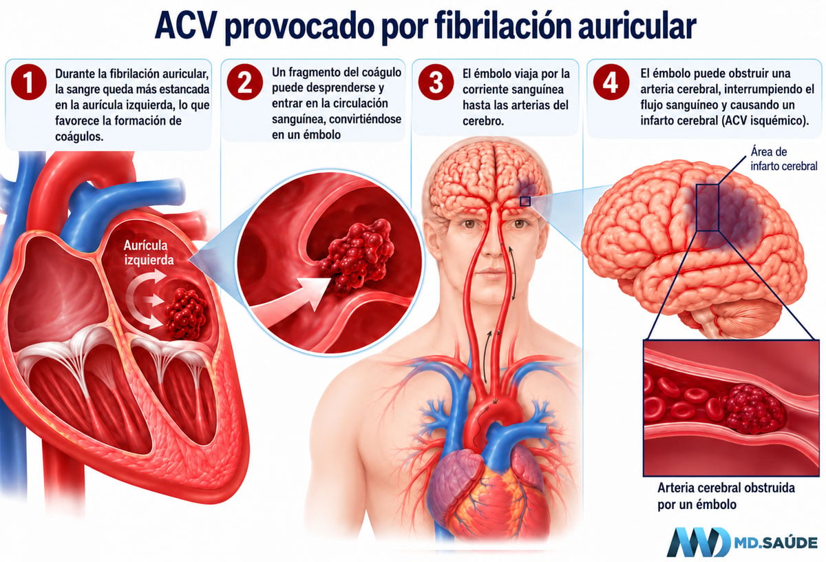 Infografía que muestra cómo la fibrilación auricular puede causar un ACV isquémico: formación de un coágulo en la aurícula izquierda, desprendimiento del émbolo, desplazamiento por la circulación hasta el cerebro y obstrucción de una arteria cerebral.