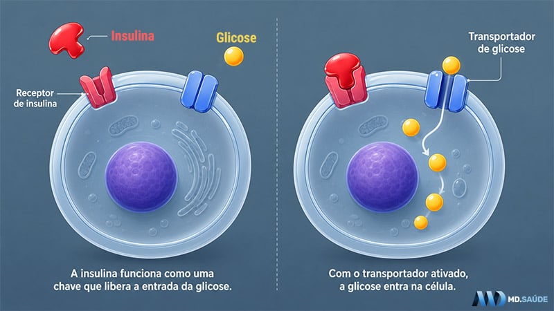 A insulina facilita a entrada da glicose nas células, onde ela pode ser utilizada como fonte de energia.