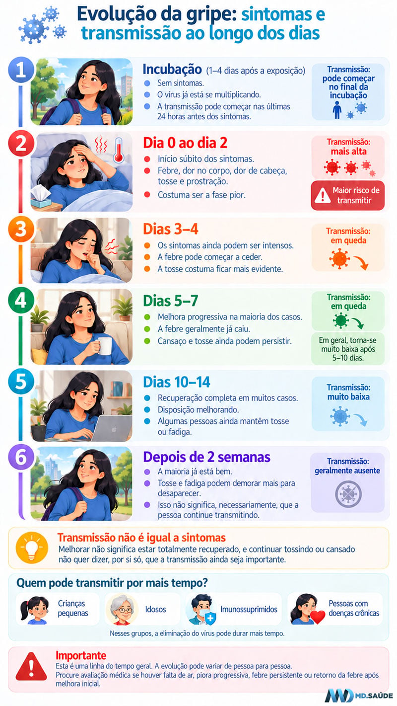 Linha do tempo da gripe (influenza), com evolução dos sintomas e da transmissão ao longo de 2 semanas.