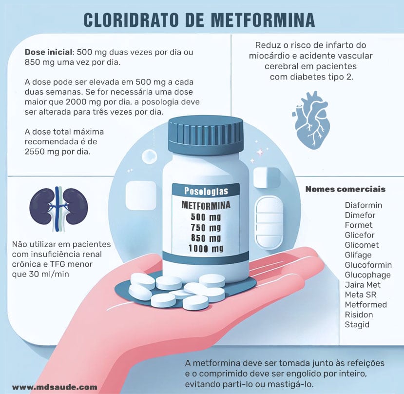 Infográfico da metformina: posologia, como tomar, contraindicações e nomes comerciais