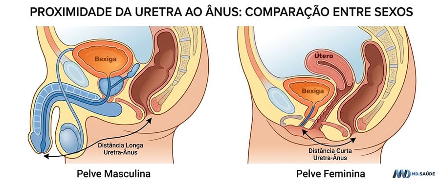 Proximidade da uretra ao ânus em homens e mulheres explica a maior incidência de infecção urinária no sexo feminino.
