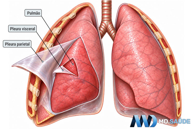 Ilustração anatômica mostrando as pleuras visceral e parietal ao redor do pulmão.