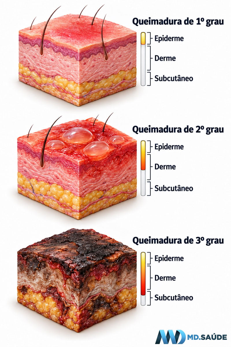 Ilustração médica mostrando queimaduras de 1º, 2º e 3º grau em cortes da pele, com indicação da profundidade atingida na epiderme, derme e tecido subcutâneo.