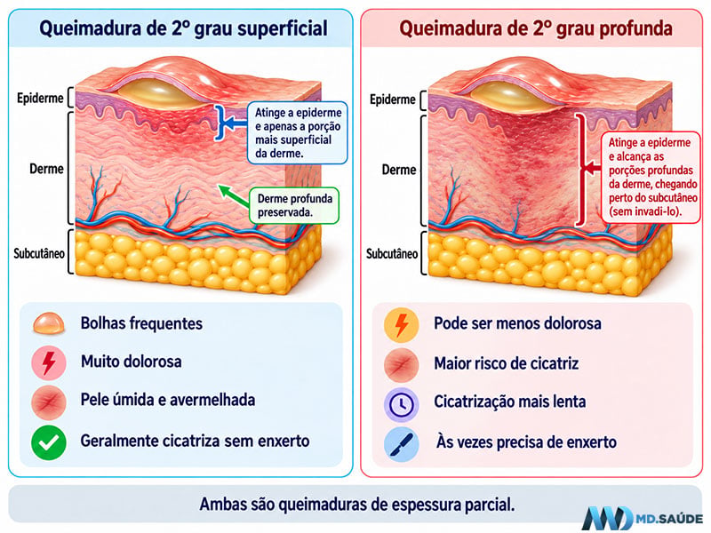 Comparação entre queimadura de segundo grau superficial e queimadura de segundo grau profunda, mostrando a profundidade da lesão nas camadas da pele.