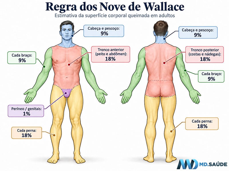 Regra dos Nove de Wallace mostrando a porcentagem da superfície corporal correspondente à cabeça e pescoço, braços, tronco, pernas e períneo em adultos.