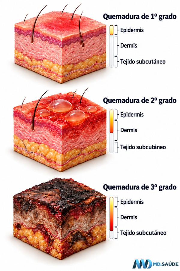 Quemaduras de primer, segundo y tercer grado en cortes de la piel, mostrando la profundidad de la lesión en la epidermis, dermis y tejido subcutáneo.