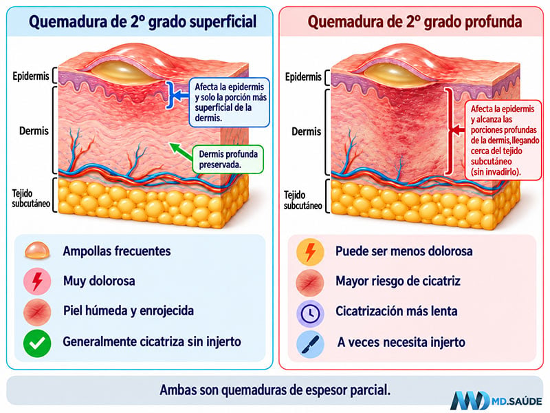 Comparación entre una quemadura de segundo grado superficial y una profunda, mostrando la profundidad de la lesión, las ampollas y las diferencias en la cicatrización.