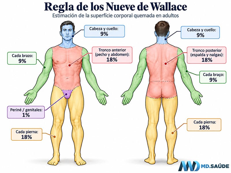 Regla de los Nueve de Wallace para estimar la superficie corporal quemada en adultos según las zonas del cuerpo y su porcentaje correspondiente.