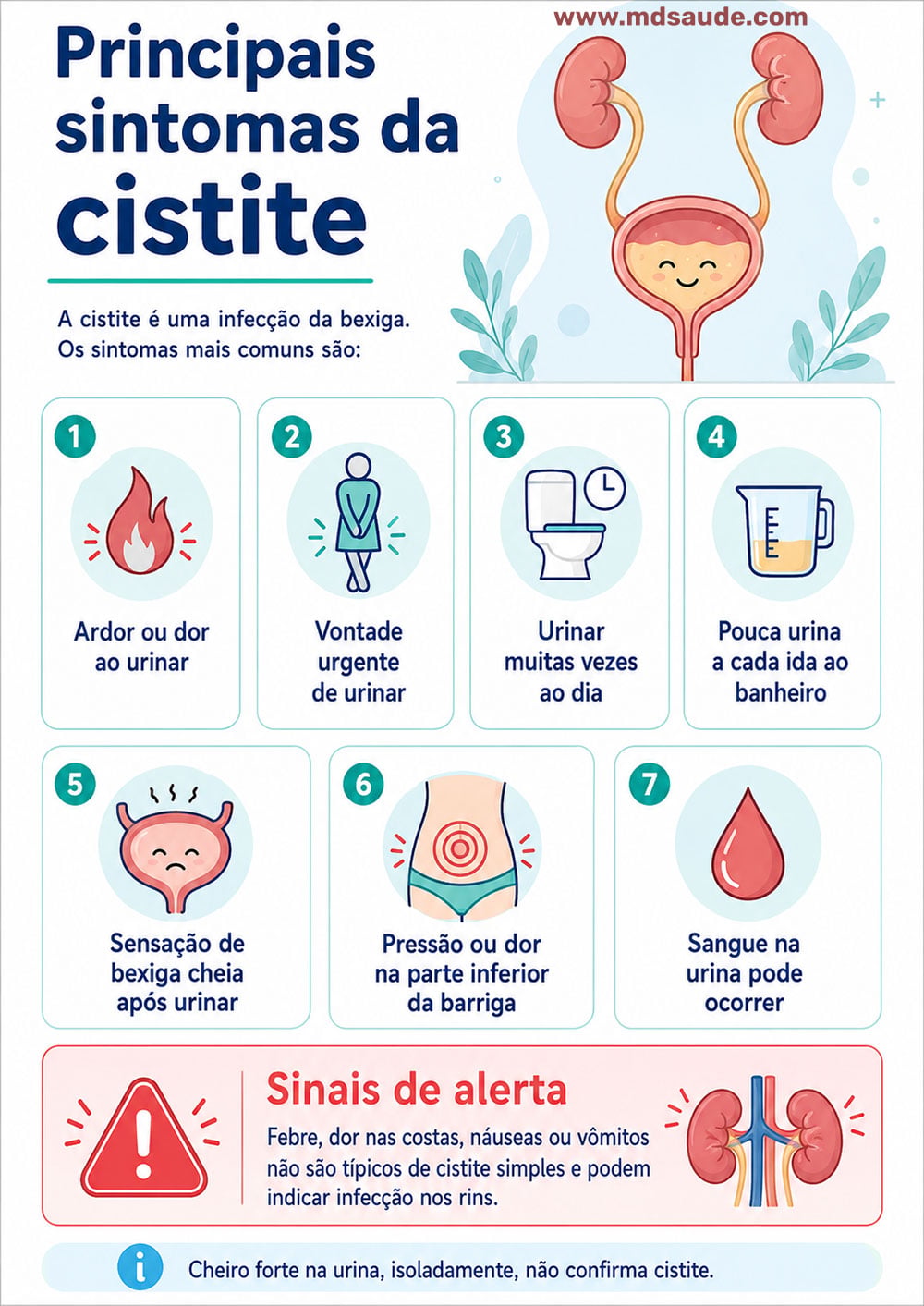Infográfico com os sintomas da cistite