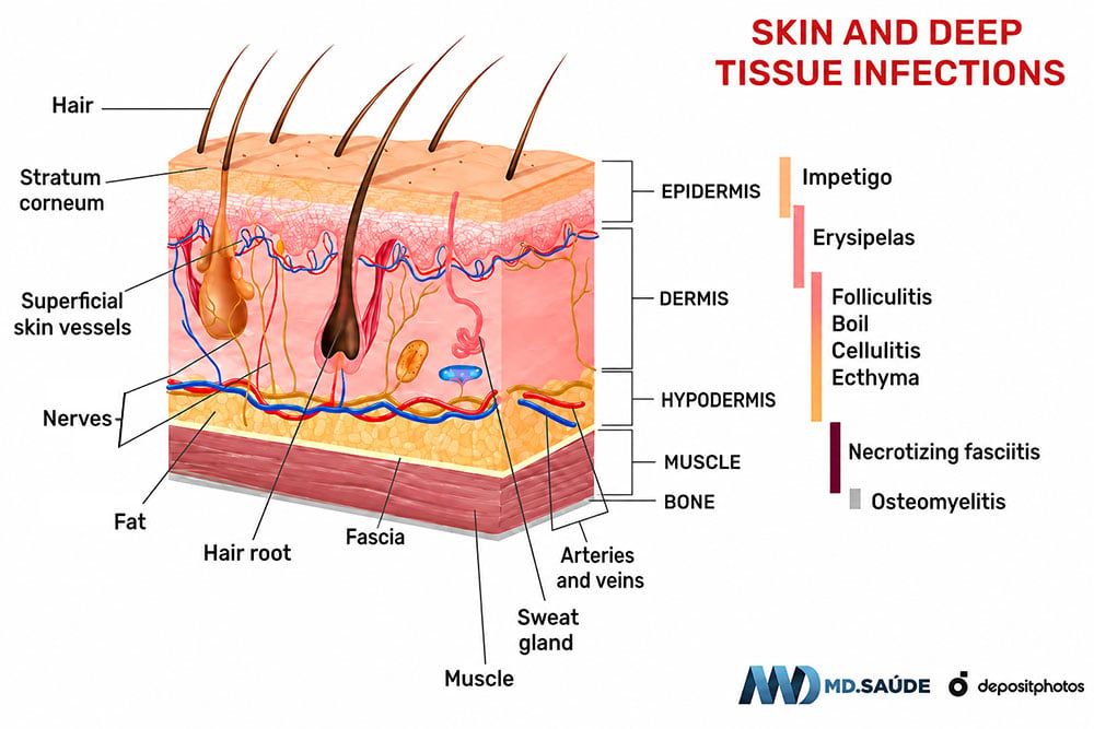 Skin infections according to their depth