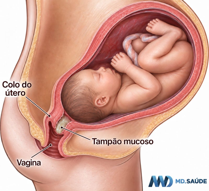 Ilustração do útero na gravidez mostrando o tampão mucoso localizado no canal do colo do útero, acima da vagina.