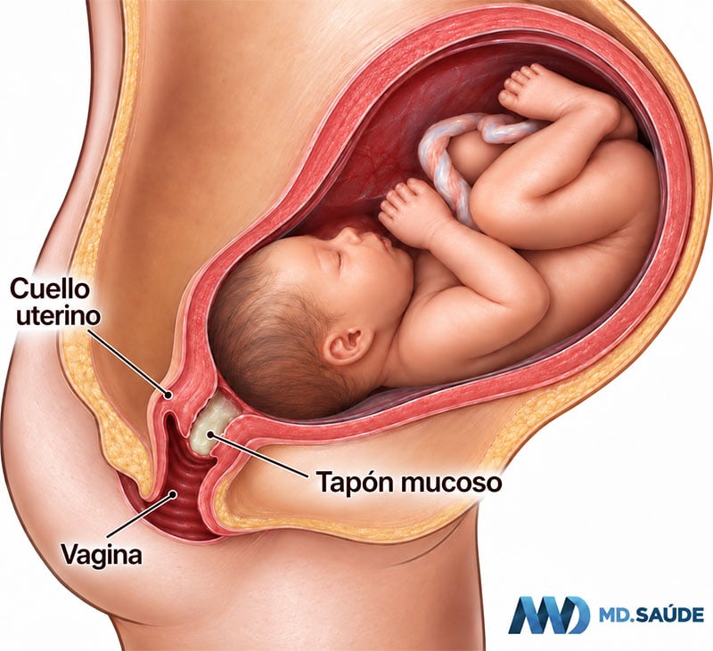 Ilustración del útero durante el embarazo que muestra el tapón mucoso localizado en el canal del cuello uterino, por encima de la vagina.