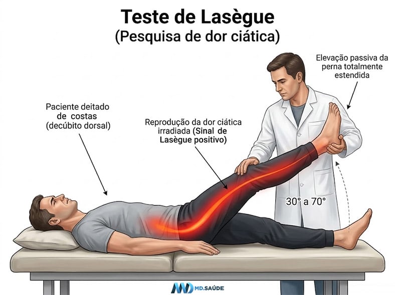 Ilustração do teste de Lasègue mostrando paciente deitado de costas enquanto o médico eleva a perna estendida entre 30° e 70°, reproduzindo a dor ciática irradiada.