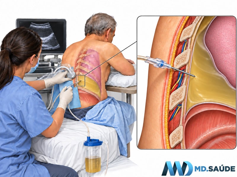 Ilustração de uma toracocentese guiada por ultrassom para drenagem de derrame pleural, com cateter introduzido no espaço pleural.