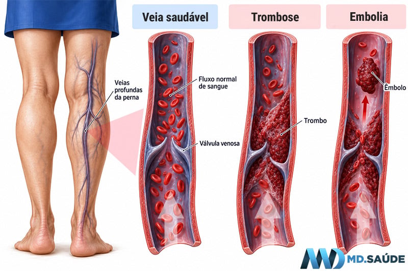 Ilustração das veias profundas da perna com três ampliações: veia saudável com fluxo sanguíneo normal, veia parcialmente obstruída por um trombo e desprendimento de um fragmento de coágulo, identificado como êmbolo.