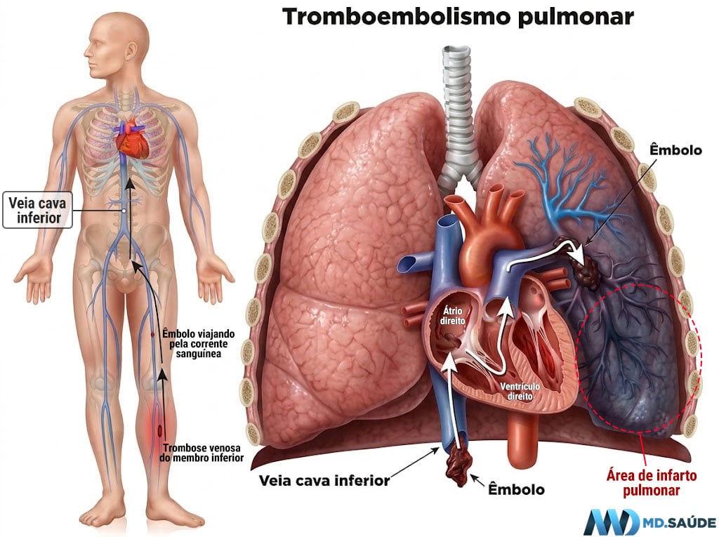 Ilustração do tromboembolismo pulmonar mostrando um coágulo que se desprende de uma veia profunda da perna, percorre a veia cava inferior, atravessa o lado direito do coração e obstrui uma artéria pulmonar. Uma região escurecida do pulmão representa uma área de infarto pulmonar.