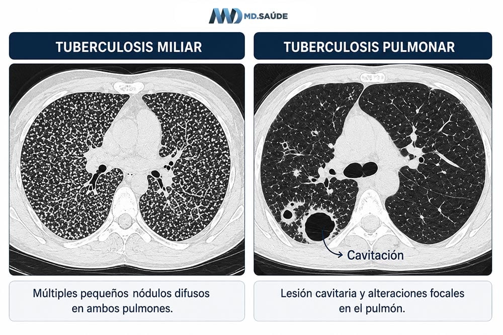 Ilustración de una tomografía computarizada con imágenes de tuberculosis miliar y tuberculosis pulmonar cavitaria